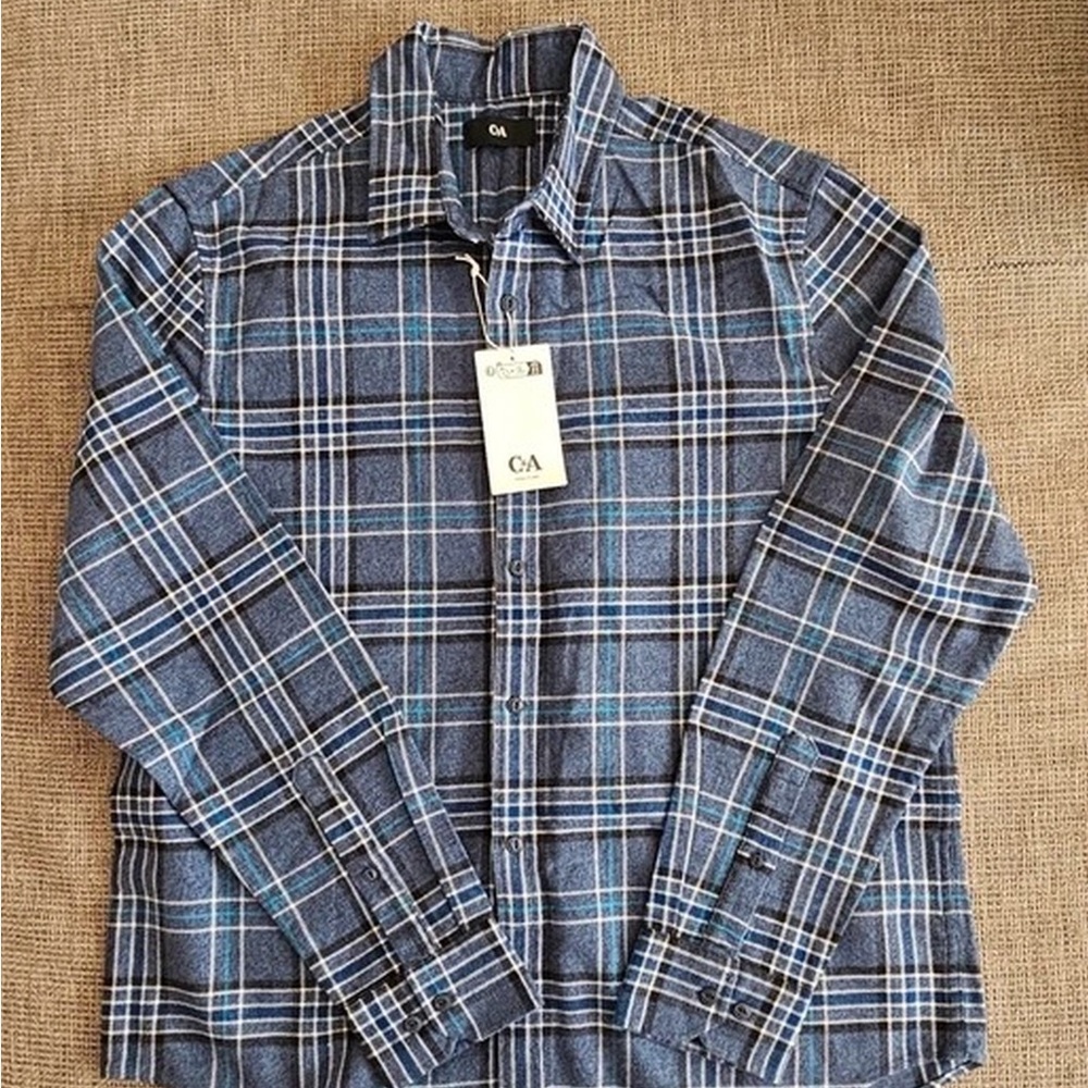 H&M Men's Blue Plaid Long Sleeve Button-Up Shirt